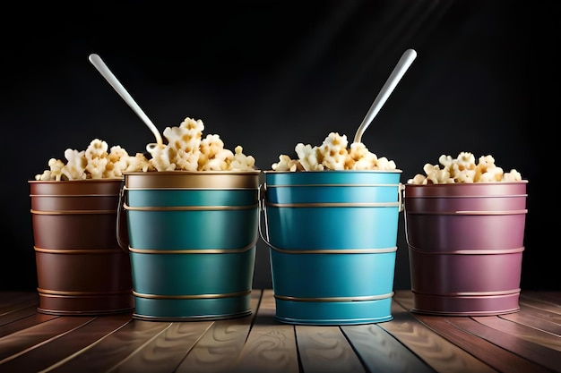 Photo seaux de pop-corn avec un fond noir