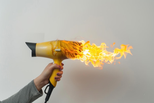 le sèche-cheveux a pris feu dans les mains sur un fond blanc