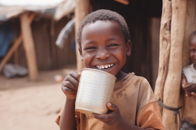 Sécheresse, manque d'eau, problème Laughing child in Africa libre boit de l'eau de la tasse d'eau