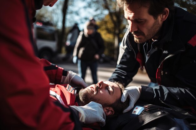 Photo les secouristes apportent les premiers soins à la victime