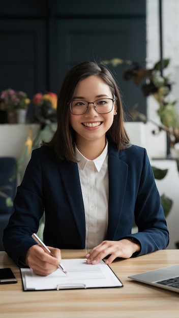 Une secrétaire souriante planifiant une réunion.