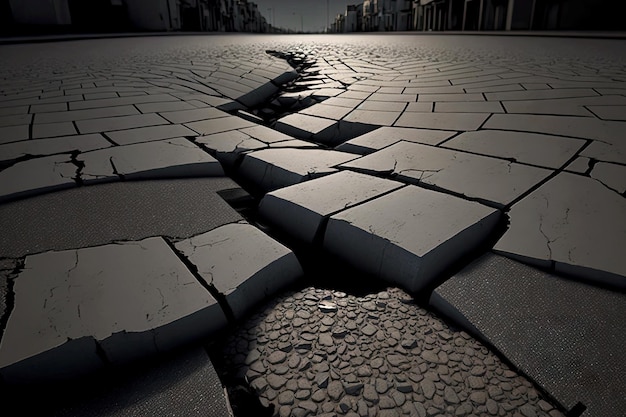 Section de chaussée cassée grise noire sur la rue urbaine