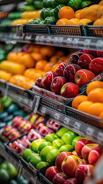 Une section de fruits et légumes dans une épicerie sans gens IA générative