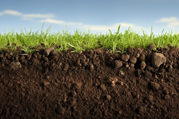 Une section d'herbe verte luxuriante et de sol avec un ciel naturel en arrière-plan, un gros plan du sol sale et du sol frais