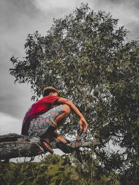 Photo section inférieure d'une femme assise sur un arbre