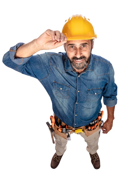 Section médiane d'un homme avec un chapeau sur fond blanc