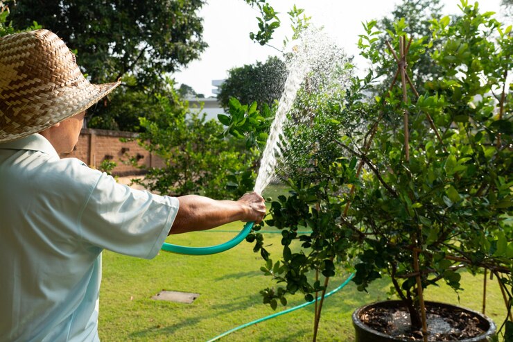 Photo section médiane d'un homme portant un chapeau contre les plantes dans la cour