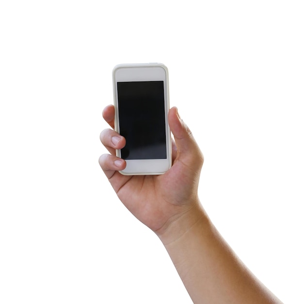 Section médiane d'une personne tenant un téléphone intelligent sur un fond blanc