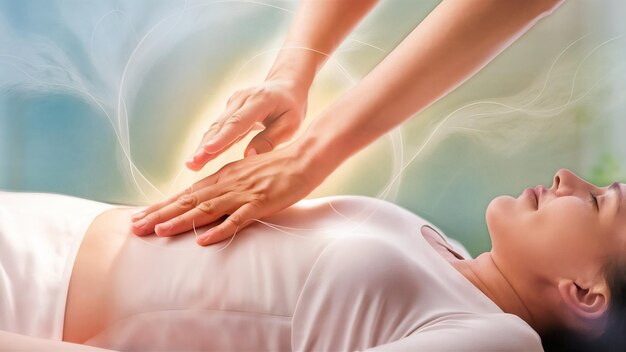 Photo section médiane d'un thérapeute effectuant du reiki sur une femme