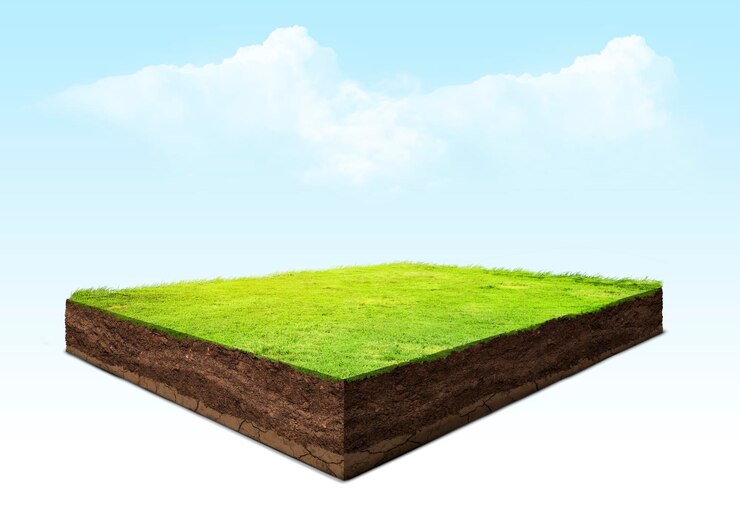 Photo section transversale cubique avec sol de terre souterraine et terre d'herbe verte isolée sur fond blanc