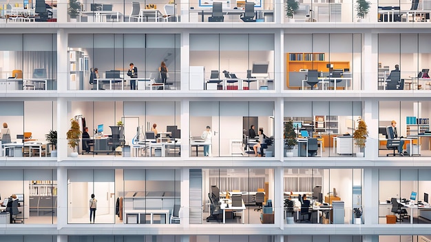 Une section transversale d'un immeuble de bureaux moderne montrant les différents étages et les personnes qui y travaillent