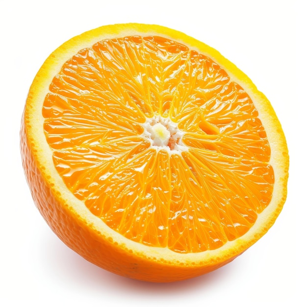 Section transversale d'une orange juteuse présentant une pulpe d'orange vibrante isolée sur un fond blanc