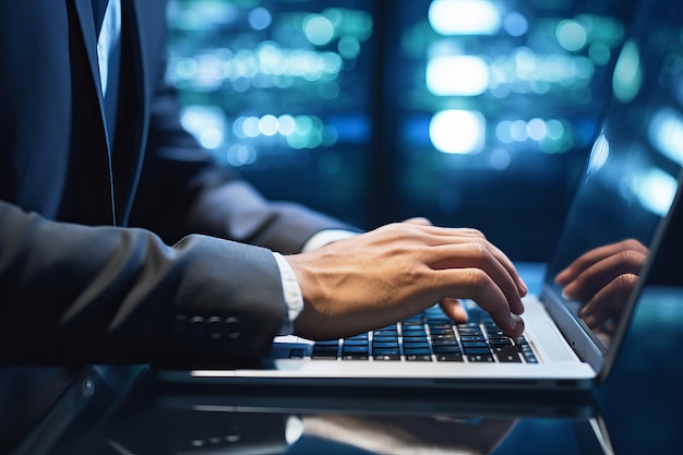 Photo sécuriser le cloud computing en gros plan dans les mains d'un programmeur de centre de données et d'un administrateur système