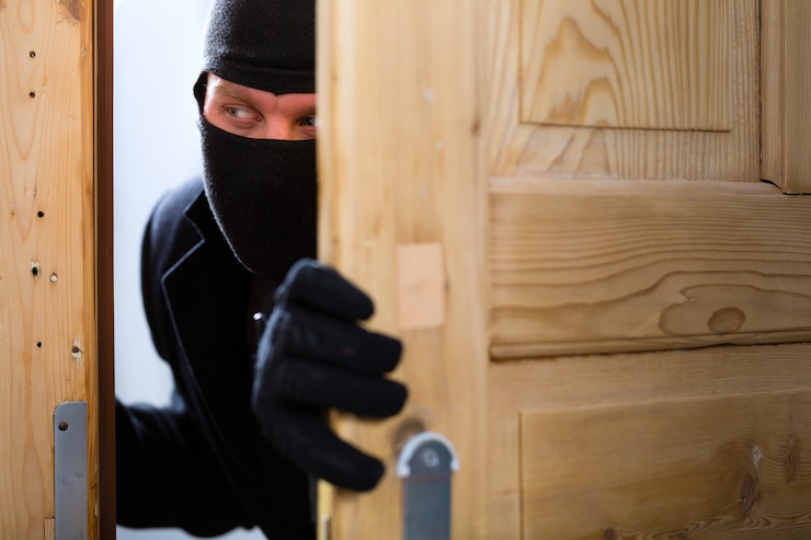 Photo sécurité - cambrioleur déguisé s'introduisant dans un appartement ou un bureau pour voler quelque chose