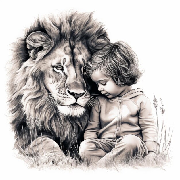 Sécurité Embrassez le lion majestueux protégeant un enfant Art de ligne captivant pour colorier sur un blanc serein