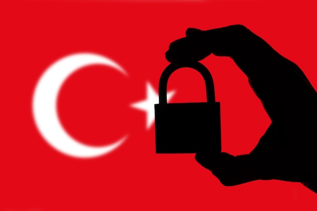 Sécurité Turquie Silhouette de main tenant un cadenas sur le drapeau national