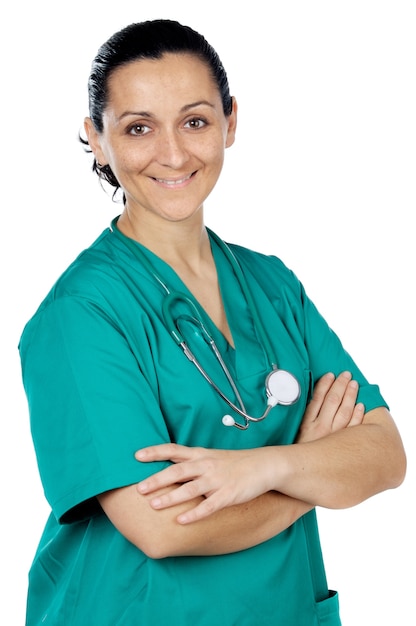 Photo séduisante femme médecin sur fond blanc