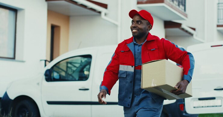 Photo séduisante jeune facteur afro-américain en costume rouge et casquette sortant un colis d'une camionnette et marchant jusqu'à la maison pour le livrer. en plein air.