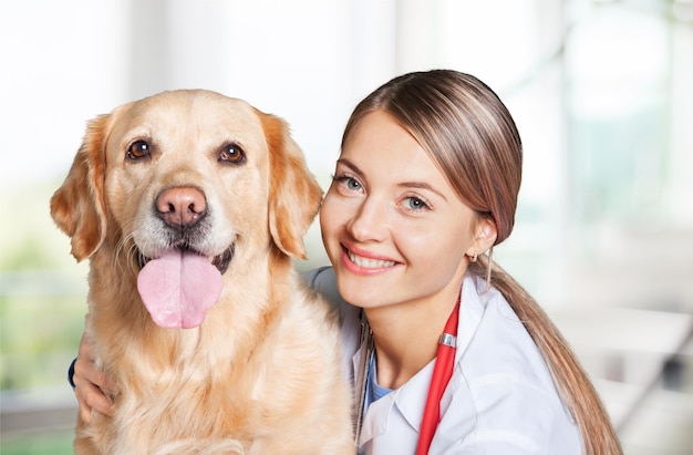 Séduisante jeune femme médecin avec un patient chien drôle