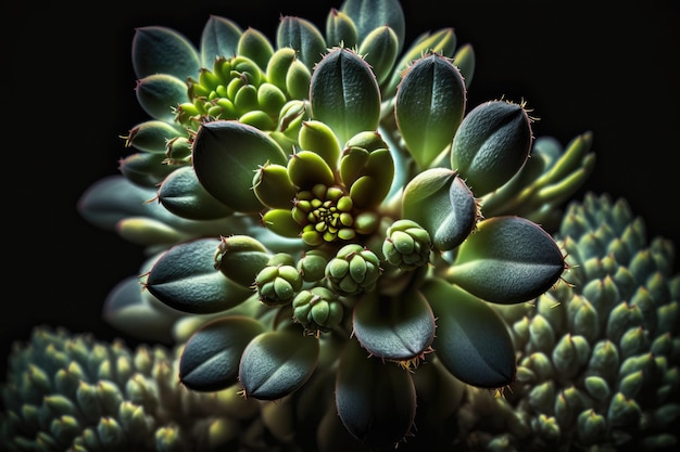 Sedum Lucidum une plante succulente verte comme on le voit dans la macro sur un fond sombre