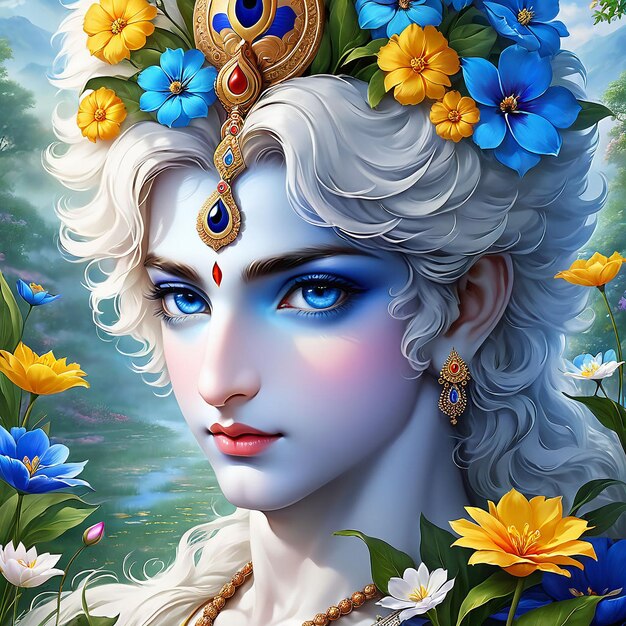 Le Seigneur Krishna dans le jardin de fleurs de printemps