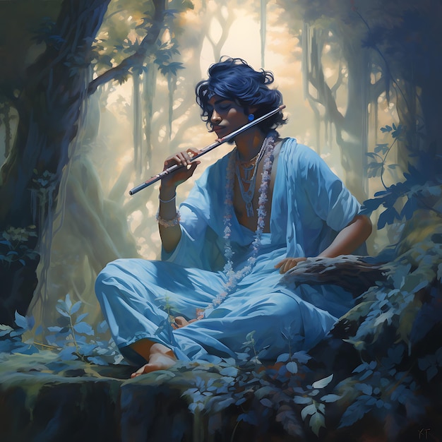 Seigneur Krishna jouant de la flûte dans la forêt