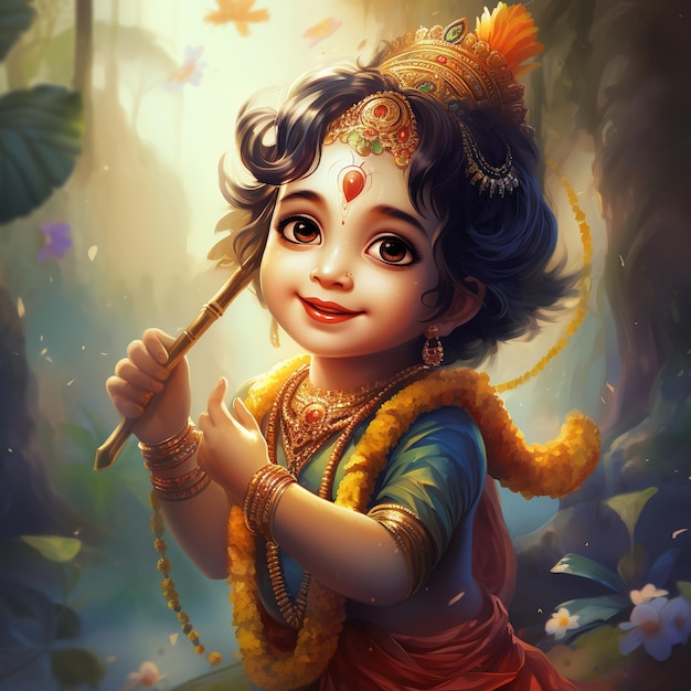 Seigneur Krishna et jouant de la flûte à l'occasion du festival Janmashtami de l'Inde Ai Generated