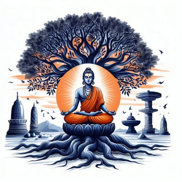 Photo le seigneur mahavir jayanti médite sous un arbre.