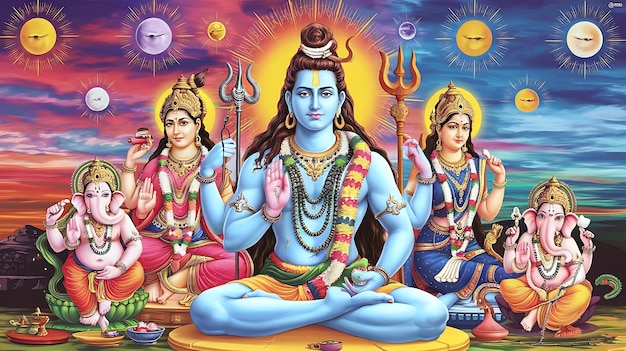 Seigneur Shiva avec des papiers peints de fond colorés Dieu Shiva conception d'affiche de famille pour le papier peint