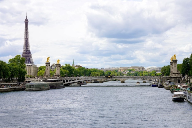 Seine avec Pont Pont Alexandre III et Tour Eiffel à Paris France