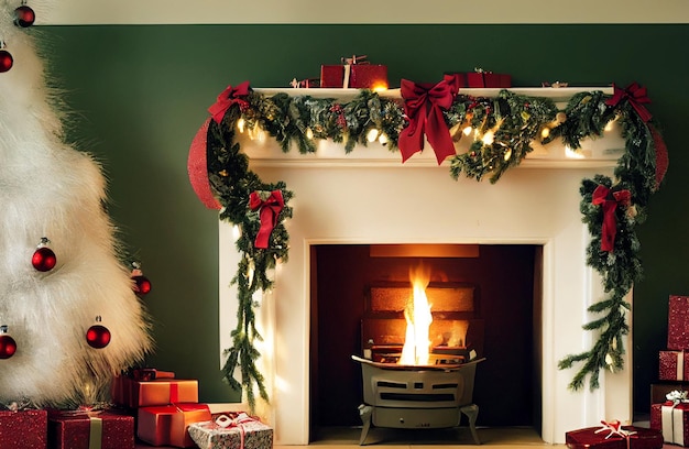 Séjour avec cheminée et arbre de Noël