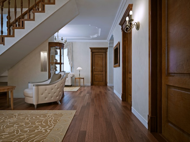 Séjour dans une maison privée avec portes en bois massives.