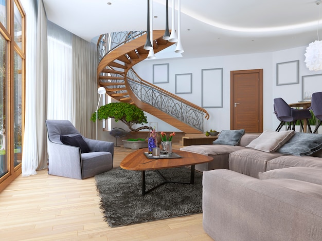 Séjour Avec Un Grand Canapé D'angle En Tissu De Style Contemporain Avec Escalier Design En Colimaçon Menant Au Deuxième étage