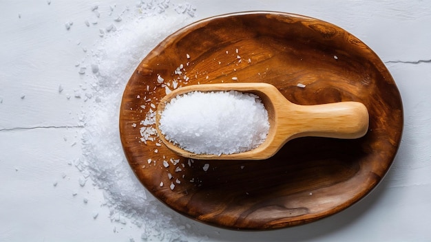 Photo sel dans une cuillère en bois sur blanc