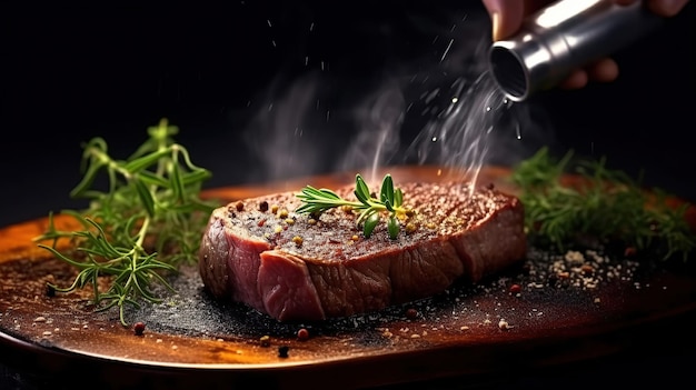 Le sel de mer est méticuleusement appliqué par un chef sur un steak cru sur une planche de bois.