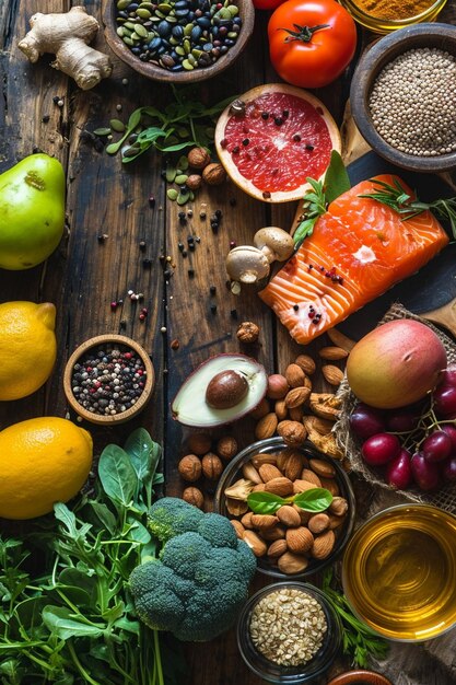 Photo sélection d'aliments sains sur un fond en bois rustique