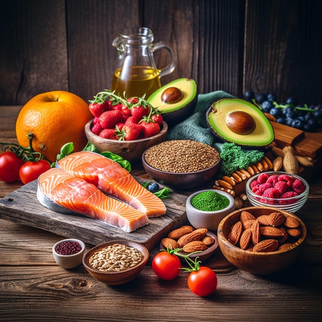 Photo sélection d'aliments sains sur fond de bois rustique