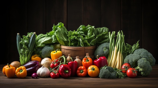 Sélection d'aliments sains Panier plein de fruits et légumes frais Aliments à plat sur la table