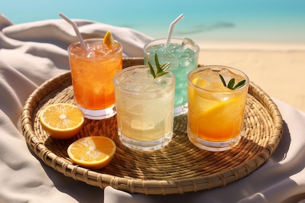 Sélection de cocktails alcoolisés d'été sur un plateau en osier sur la plage avec du sable blanc Vacances à la mer d'été et concept de voyage Boissons d'été exotiques ensoleillées