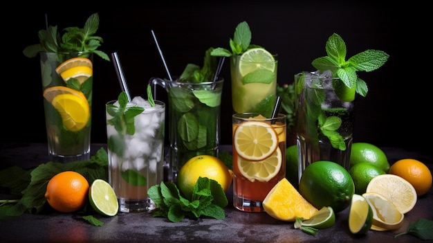 Une sélection de cocktails comprenant de la menthe, du citron et des citrons verts