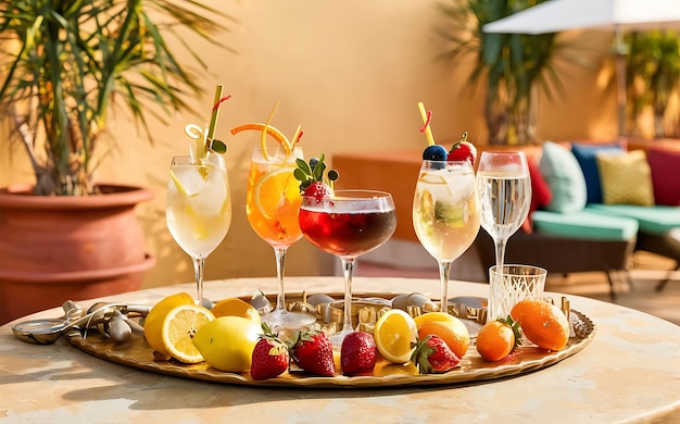 Sélection de cocktails de vin spritzer mélangé avec des fruits dans la table de bar en plein air