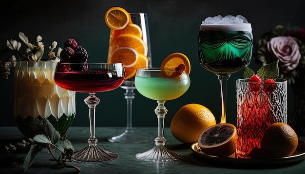 Photo une sélection de différents cocktails sont sur une table dans le style des bords doux et des détails flous