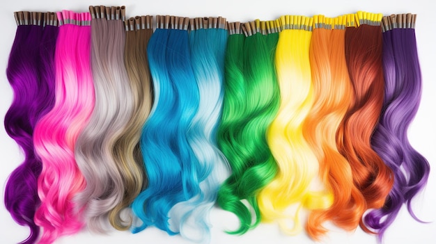 Photo une sélection d'extensions de cheveux colorés sur fond blanc