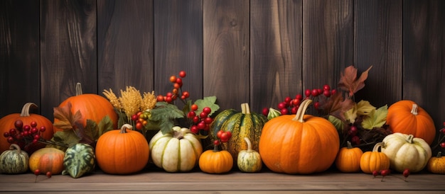 Une sélection de feuilles de citrouilles mûres et de baies d'églantier disposées de manière décorative