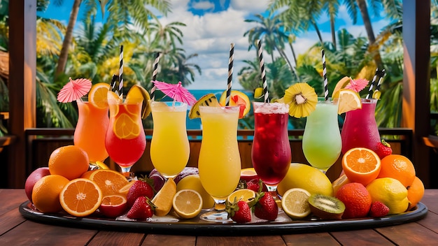 Une sélection de fruits frais, des cocktails colorés et longs.