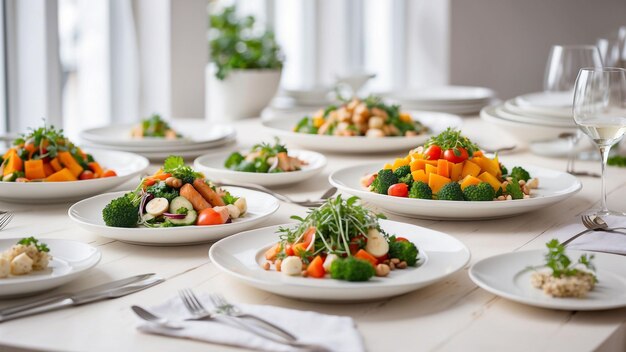 une sélection de plats végétariens fraîchement préparés sur une table en bois blanc propre dans un restaurant chic