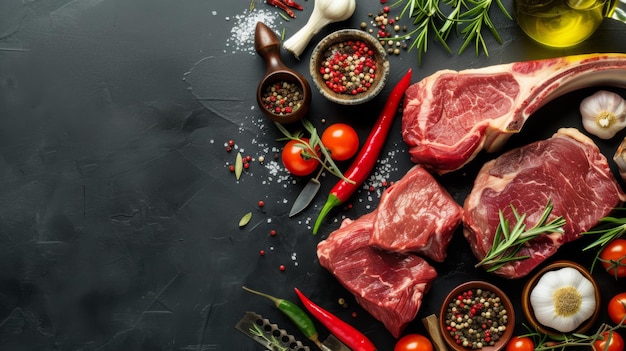 Une sélection de steaks crus de haute qualité disposés artistiquement avec des herbes fraîches épices et poivrons chili sur un fond sombre prêts à cuisiner