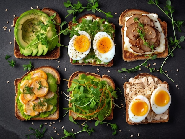 Une sélection de toasts avec avocat, avocat et œuf sur le dessus.