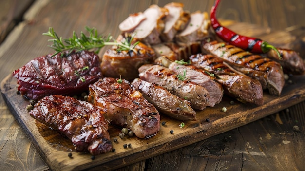 Une sélection de viandes grillées sur une planche de bois rustique