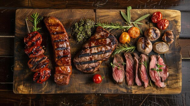 Une sélection de viandes grillées sur une planche de bois rustique